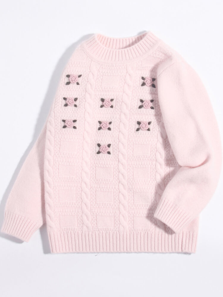 (image for) Pink Rose Embroidered Girls Cozy Cable Knit Cashmere Sweater